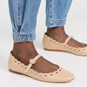 Larroude Blair Broderie Mary Jane Flats Size 6.5 Tan Leather Scalloped NEW $330